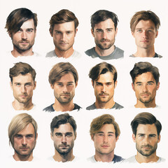 Fototapeta premium set of watercolor clip art of male faces isolated on white background for graphic design