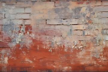 Empty Old Brick Wall Texture. Painted Distressed Wall Surface. Grungy Wide Brickwall. Grunge Red Stonewall Background. Shabby Building Facade With Damaged Plaster. Abstract Web Banner. generative AI.