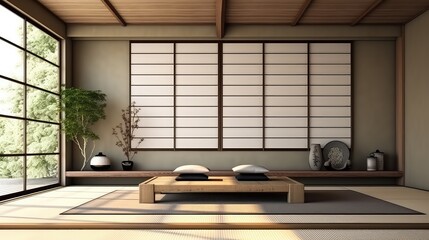 3D rendering of a beautiful traditional Japanese living room.