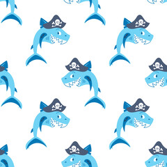 Cute shark pirate in a cocked hat, laughs. Anchor tattoo on fin. Children cartoon character. Adventures and travel. seamless pattern in flat style. For wallpaper, fabric, wrapping, background.