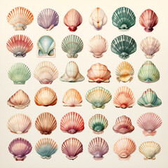 set of watercolor clip art of seashells isolated on white background for graphic design - obrazy, fototapety, plakaty