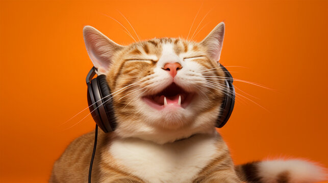 Happy cat wearing headphones portrait on isolated orange background - ai generative