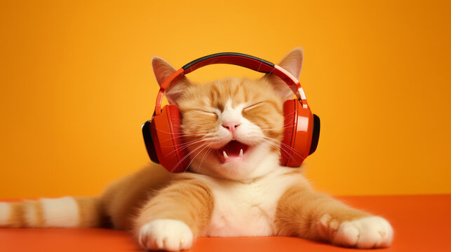 Happy cat wearing headphones portrait on isolated orange background - ai generative
