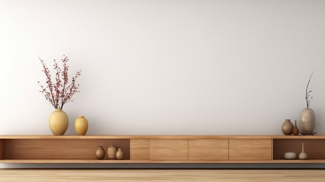 3D interior rendering of a built-in wooden shelving on a concrete wall and potted plant  in living room.