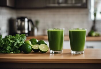 Green smoothie in two glasses on a kitchen countertop