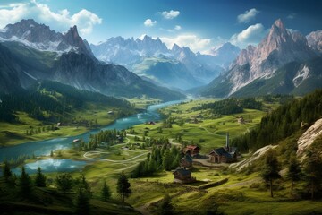 Bird's-eye view of a picturesque mountainous landscape in Italy featuring Lago Antorno, Dolomites, and Misurina with the stunning backdrop of Alps peaks. Generative AI