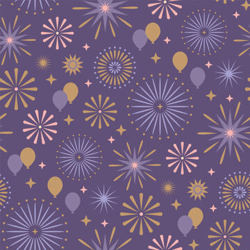 Happy New Year, Diwali festival seamless vector repeat pattern fireworks, fun, colorful background for invitations, events, party, restaurant, menu, flyer, poster.