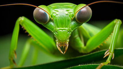 Macro photography of a mantis on a leaf. close up - obrazy, fototapety, plakaty