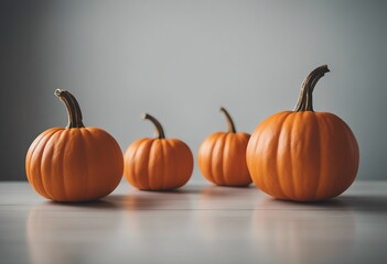 Three bright orange pumpkins on a white table fall or Thanksgiving background