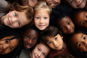 Faces of children of different races and ethnicities stare into the frame for selfies photo - obrazy, fototapety, plakaty