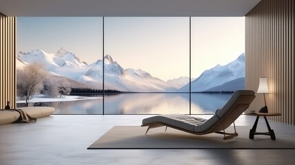 3D rendering of a living room with a large window overlooking a lake view. 
