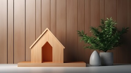3D rendering of a wooden houses model on the floor.
