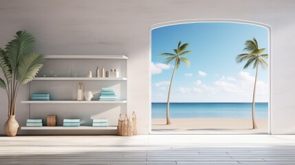3d rendering of a beauty product on shelf and sea view background.