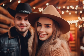Young couple in wooden house. Generative AI