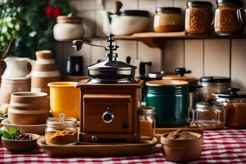 Display vintage kitchen items such as an old-fashioned coffee grinder - obrazy, fototapety, plakaty