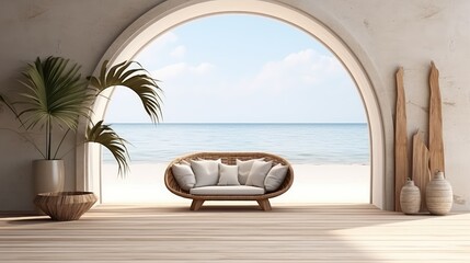 3d rendering of an upholstery sofa in living room with a large window overlooking the cityscape.