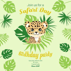 Birthday invitations with cheetah. Safari party. Wild nature.