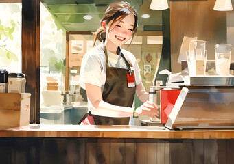 笑顔で働くカフェの女性店員-1 - obrazy, fototapety, plakaty