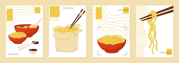 Foto op Plexiglas noodles in a red bowl. Asian food poster design. Set of vector illustrations. Typography.  Labels, cover, t-shirt print, painting. © Мария Василенко