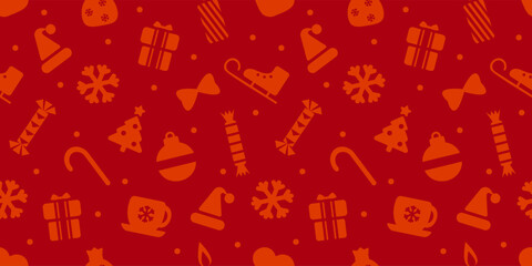 Christmas Seamless pattern. Christmas red background with Christmas symbols. Xmas pattern with ornaments. Christmas wrapping paper concept. Vector illustration in flat style.