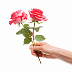 Mans hand giving a roses isolated on white background
