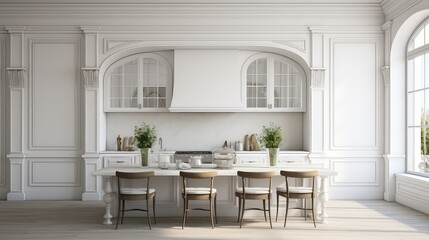 Fototapeta premium 3D rendering interior of a wooden dining table in a modern dining room.