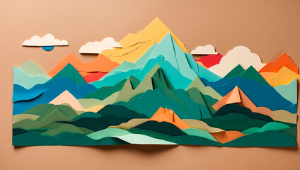 Colored paper appliqu&eacute; of the sun and mountains. Generative AI