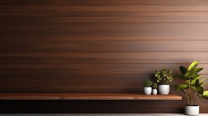 3d rendering of a potted plant on built-in wooden shelf in living room. 