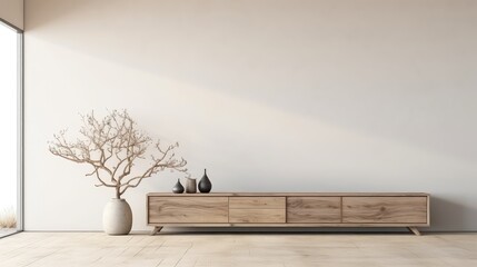 3D rendering of a wooden storage dresser, potted plants and a large window overlooking the natural view in living room.