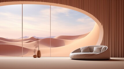 3D rendering of an upholstery sofa in a living room with desert view background.