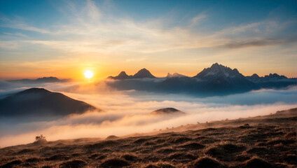 The top of the mountain rises above the thick clouds at the dawn of the day. Generative AI