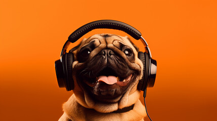 Happy pug dog wearing headphones portrait on isolated orange background - ai generative - obrazy, fototapety, plakaty