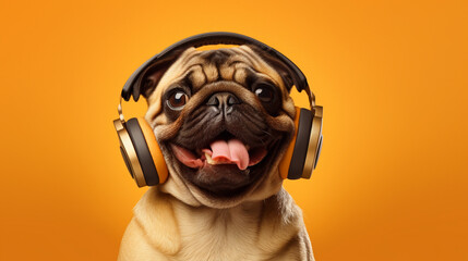 Happy pug dog wearing headphones portrait on isolated orange background - ai generative