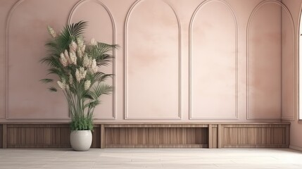 3D rendering of a wooden storage dresser, potted plants and a large window overlooking the natural view in living room.
