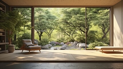 3D rendering of a modern living room with a natural view background.