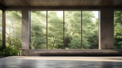 3d rendering of an empty living room with an airy window wall overlooking the surrounding outside.