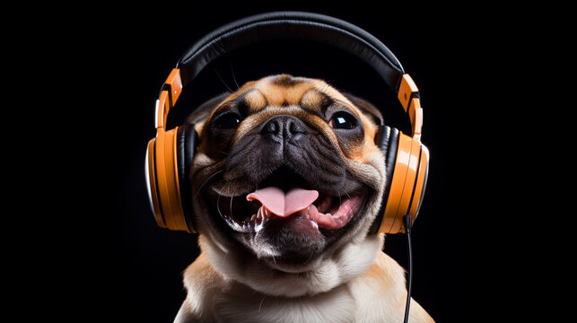 Happy pug dog wearing headphones portrait on isolated black background - ai generative
