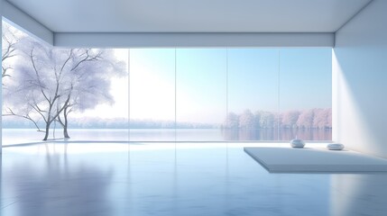 3D interior rendering of a empty room with a natural view from the airy window.