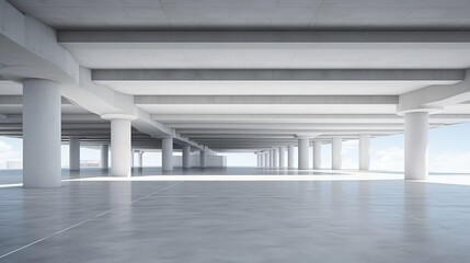 3d exterior rendering of a parking lot with a bare concrete floor and ceiling. 