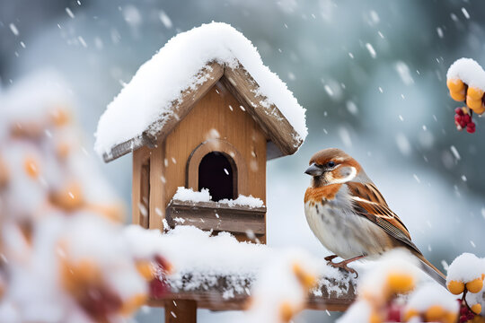 Small sparrow bird next to feeding house in snow during winter