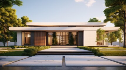 3D rendering of a wooden house exterior with porch.