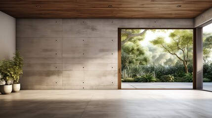 3d rendering of a living space with a tree background from airy window view. 
