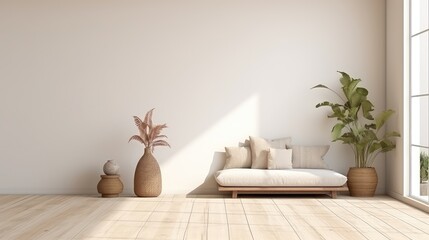 3D rendering of a living room with a natural view from a large window.