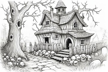 eerie spooky cottage with no colors, Halloween coloring sheet. Generative AI