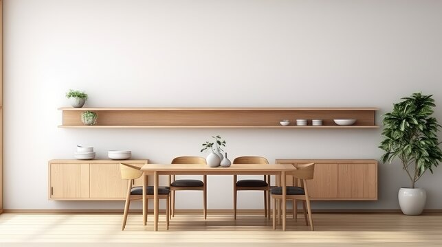 3D rendering interior of a wooden dining table and storage dresser in a dining room.