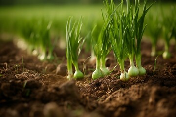Closeup of green onions growing in a field during harvest season. Generative AI - obrazy, fototapety, plakaty