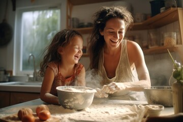 Messy but Happy: Mother and Daughter Creating Sweet Memories While Baking in a Sun-Filled Kitchen.	
