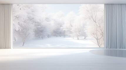 3D rendering of a living room with a snow covered tree view from a large window view.
