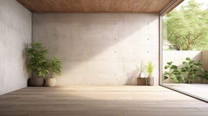 3D interior rendering of a empty room with potted plant on wooden floor.