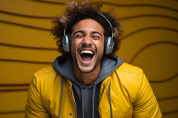 Portrait of cheerful african american man with headphones listening to music. ia generated